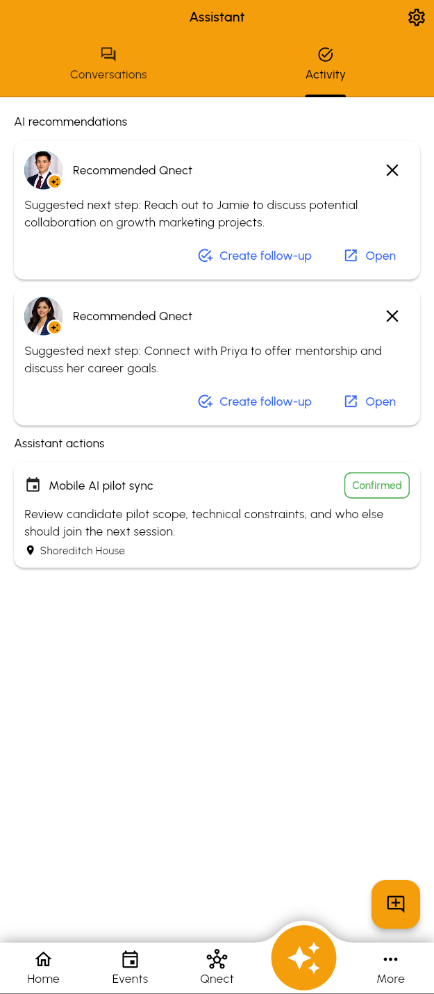 NetQnect Assistant activity screen showing recommendations and confirmed assistant actions