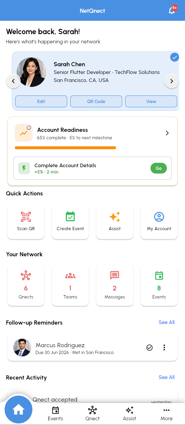 NetQnect home screen showing profile, account readiness, follow-up reminders, events, and recent activity